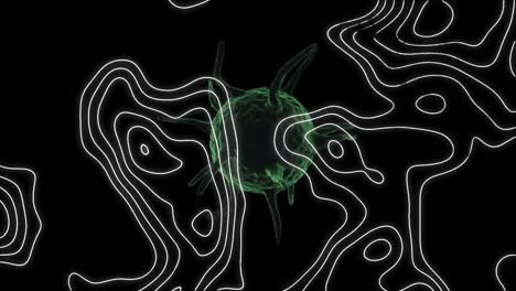 animación de la carta topográfica que se mueve sobre la célula verde flotante de covid 19, volviéndose blanca, en negro
