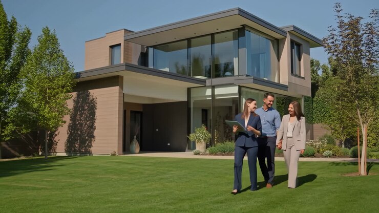 Agente immobiliare che mostra una casa moderna a una coppia