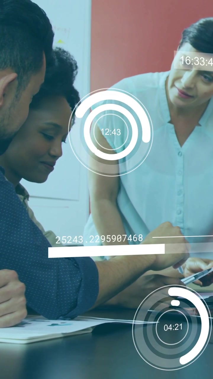 Vertical video: Man in blue leaning, standing woman pointing tablet, team viewing HUD for business