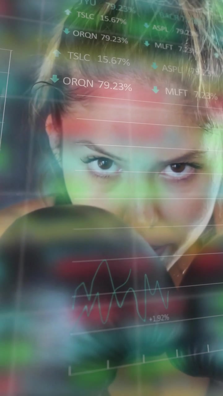 Vertical video: Woman with gloves guarding jabbing at lens causing data charts rising for fitness