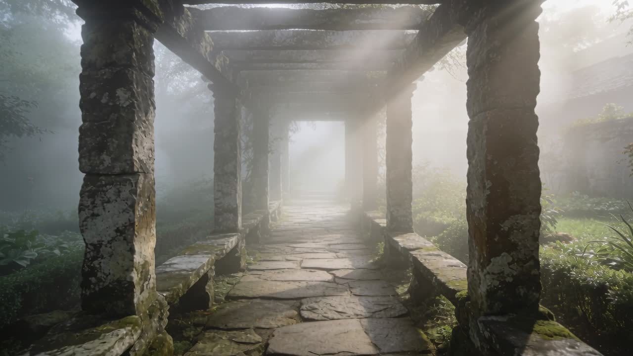 Moving camera revealing aged stone pergola along flagstone walkway in garden, exposing sunlit exit