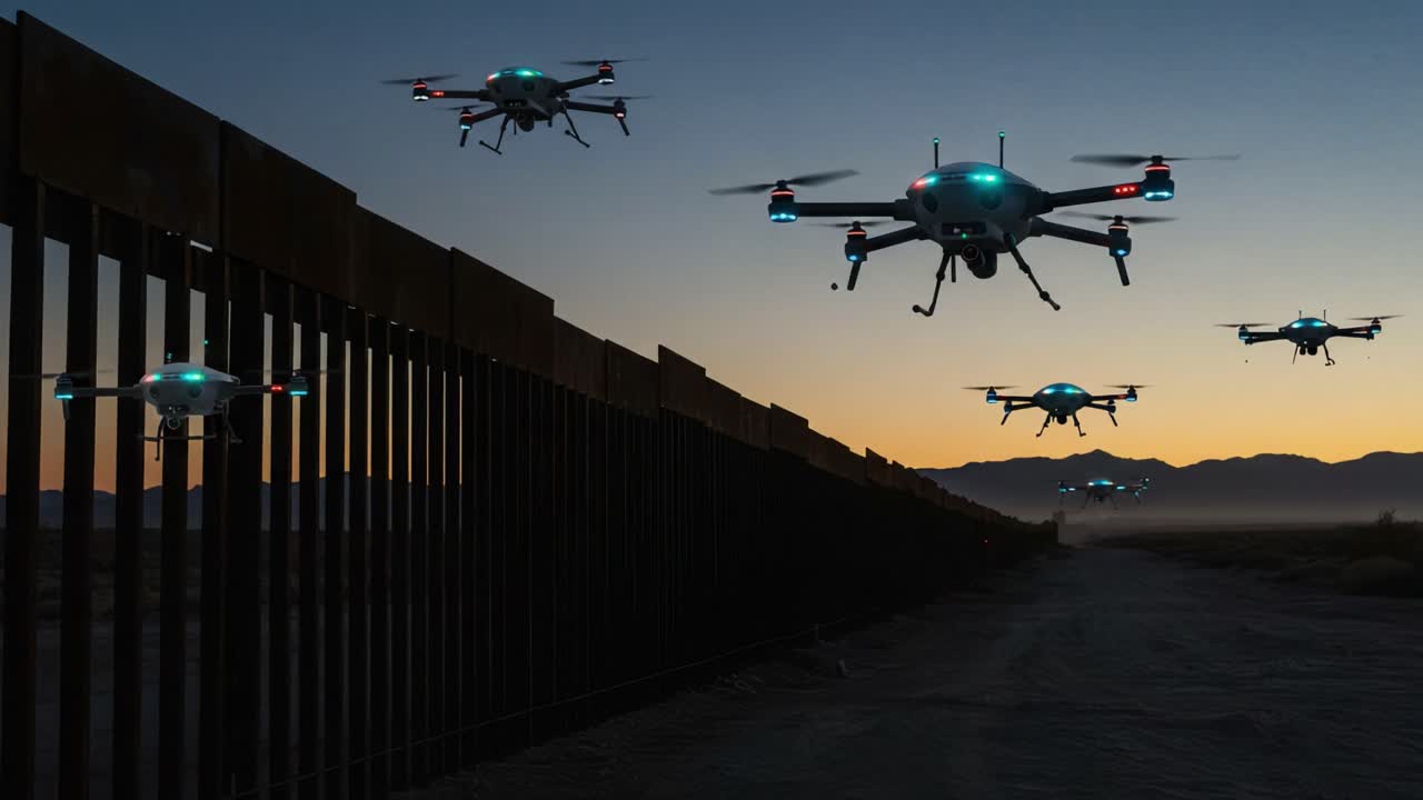 A Fleet of Drones Illuminates the Border at Dusk, Showcasing Advanced Technology and Surveillance Capabilities in a Stunning Twilight Setting