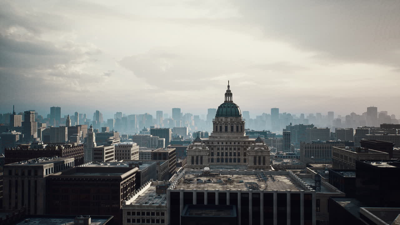 Historic district from above cityscape view with fog and rooftops