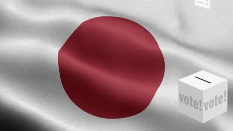 ballots fly to box for japan selection - ballot box in front of flag - election - vote - flag of japan - japan flag high detail - national flag japan wave pattern loopable elements - fabric texture and endless loop