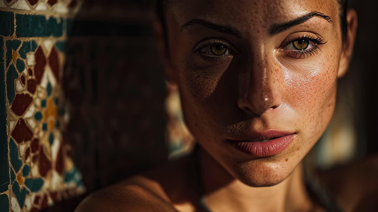 Cinematic footage of a young woman with freckles in a dramatic close-up, warm side lighting and shallow depth of field, indoors near patterned tile wall