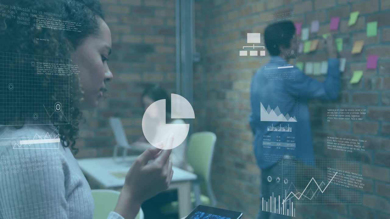 Animation of data processing and diagrams over diverse business people discussing work