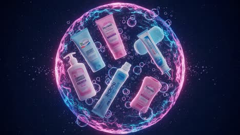 a stunning display of skincare products: showcasing a collection of creams, cleansers, and moisturizers surrounded by colorful bubbles and light effects