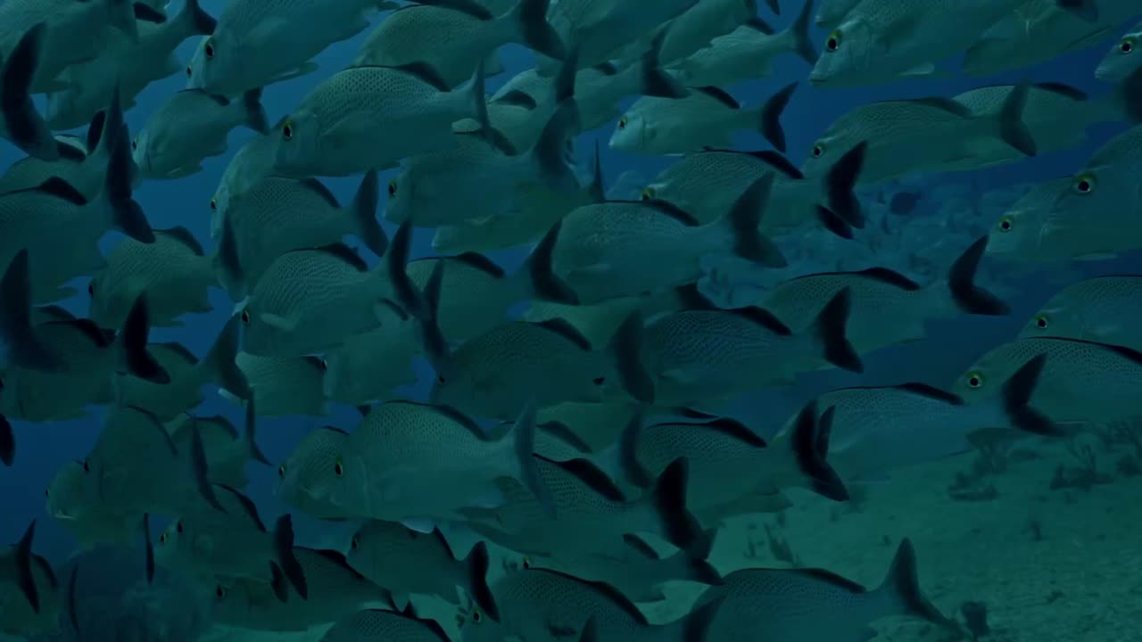 Silvery-grey school of fish forming a swirling mass against the vibrant, light-filled blue-green water of a coral reef in Cozumel, Quintana Roo, México