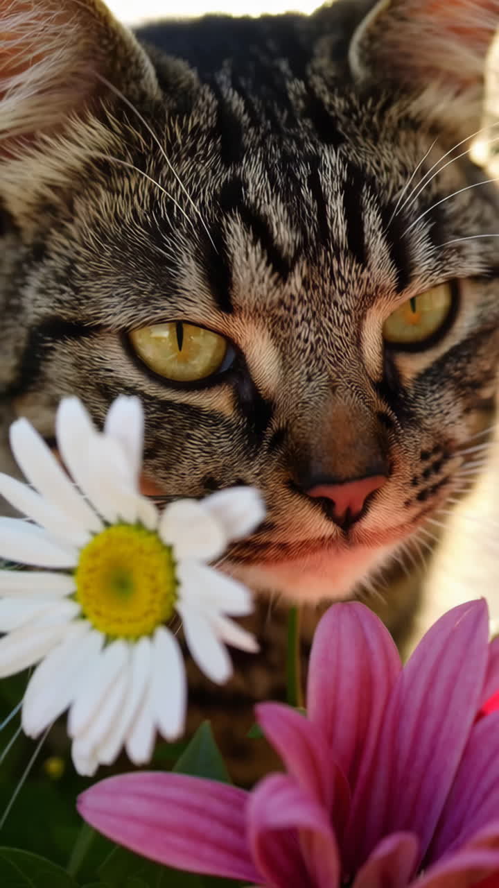 Close-up of a Tabby Cat's Face with Flowers