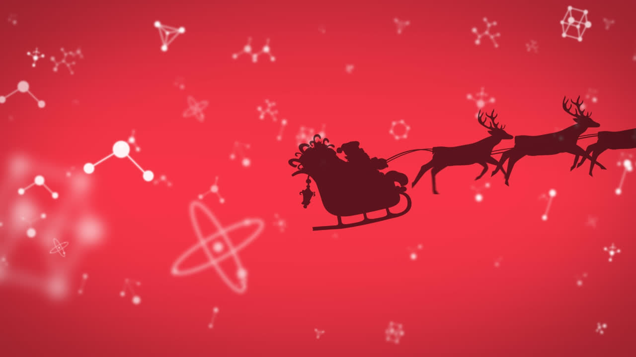 산타클로스 위 에 떠다니는 분자 구조물 들 이 빨간 배경 에 렌더 들 이 끌고 있는  ⁇ 매 에