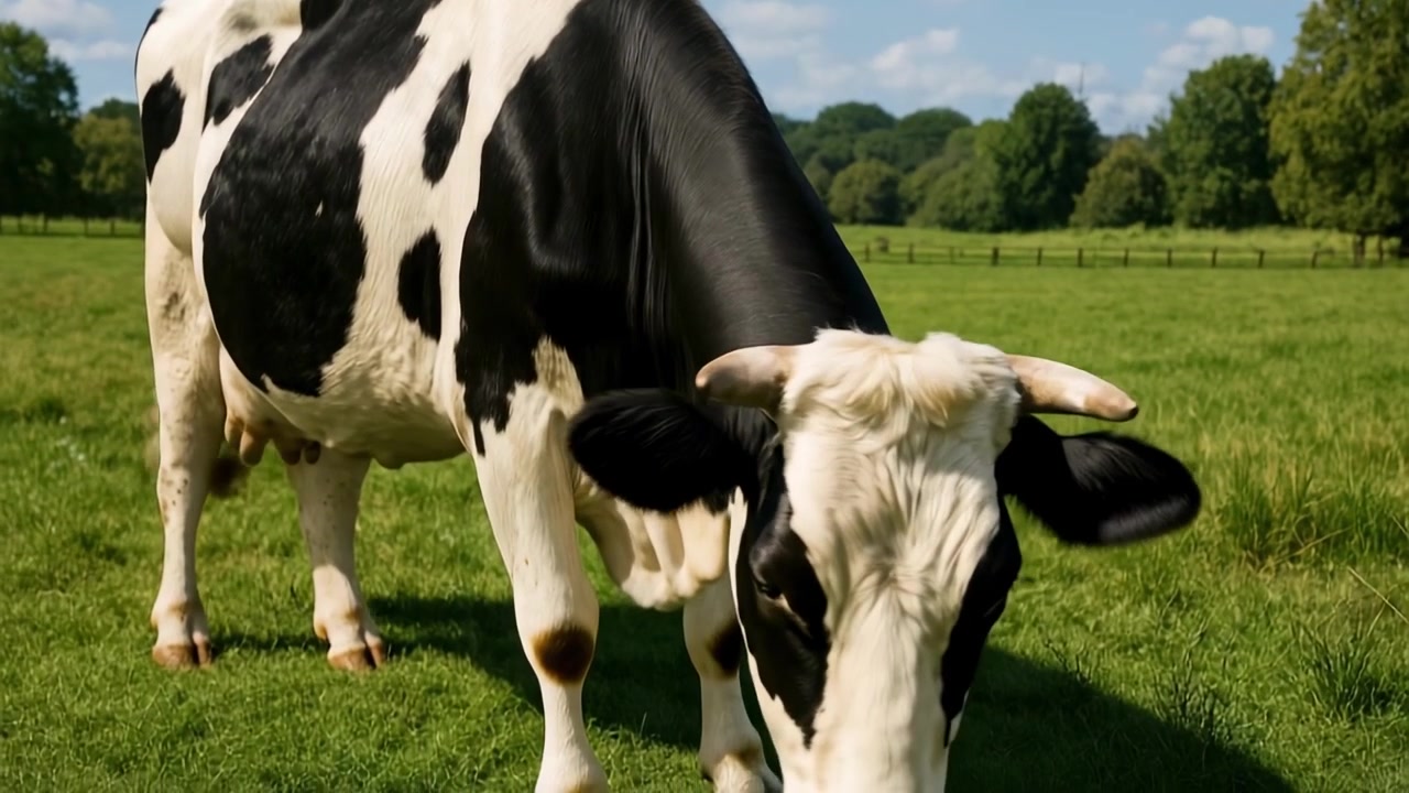 Black and White Cow Grazing in a Green Pasture