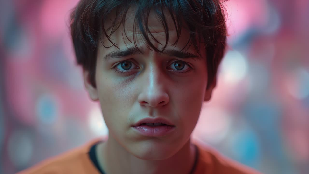 Responding to close-up, teen holding worried gaze, blinking in neon hall, orange top black cord