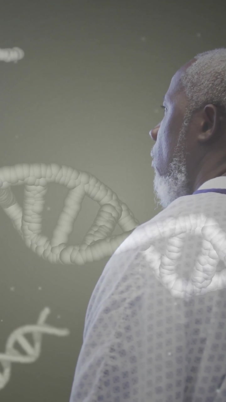 Animazione di catene di DNA su un uomo afroamericano anziano in ospedale