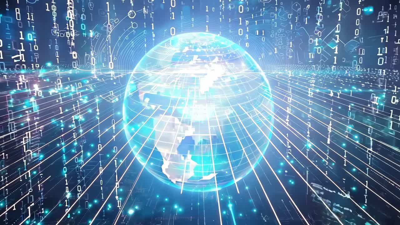 A blue sphere is surrounded by a series of white lines. The sphere is the center of the image and he is floating in a sea of numbers. The image gives off a feeling of technology and complexity