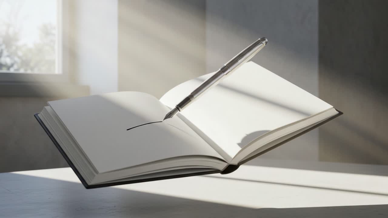 A Captivating Journey Through an Open Book with a Floating Pen, Perfectly Captured in Rays of Light, Inviting Imagination and Inspiration