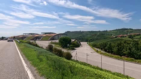 roadside view of eco-friendly architecture and landscape