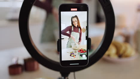 influencer woman, cooking and phone screen