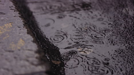 close up footage of water on the street with raindrops falling into it in super slow motion