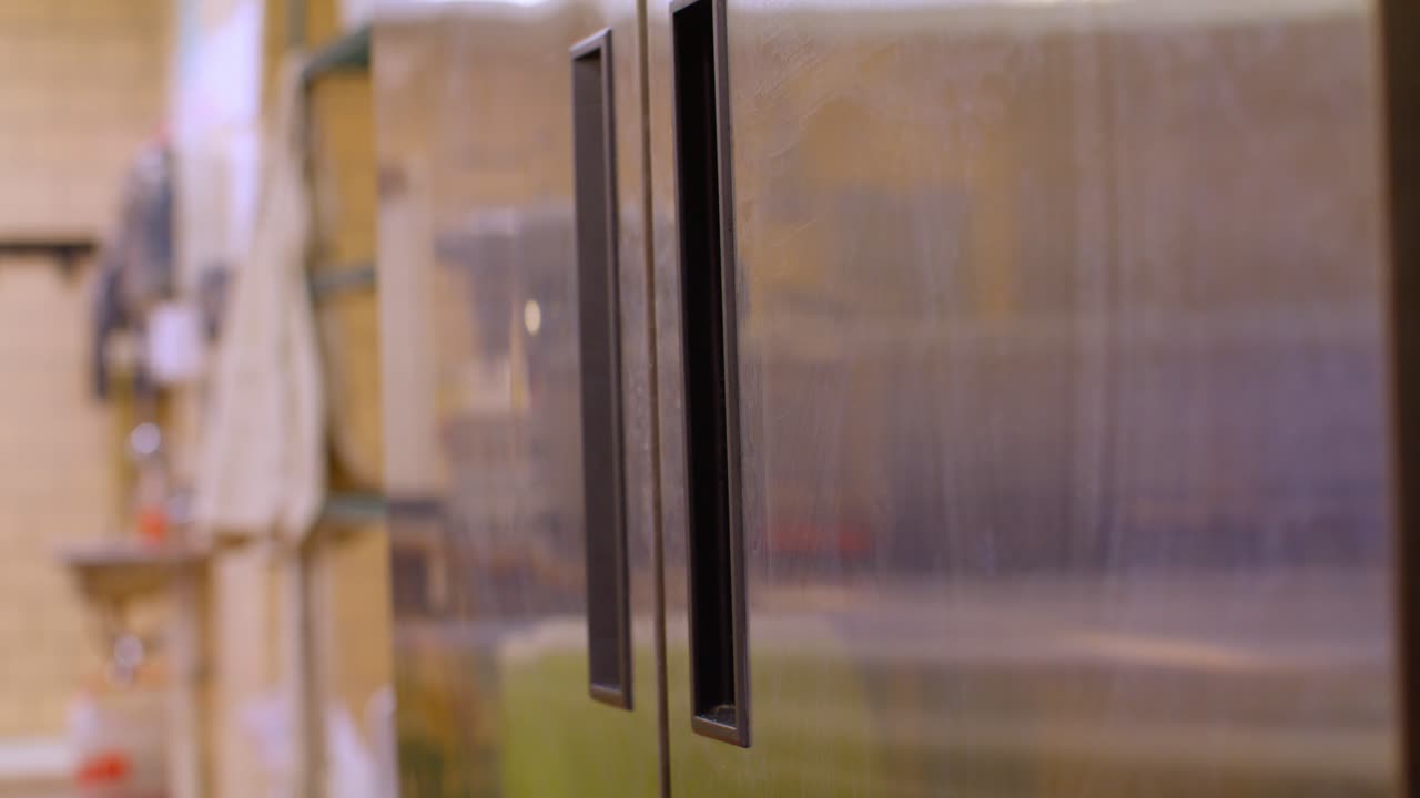Close up of stainless steel refrigerator with stable video shot.