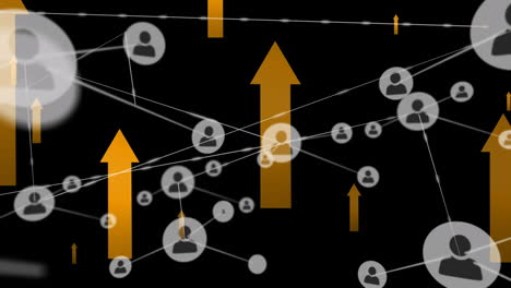 animación de la red de conexiones con iconos de usuario sobre flechas en fondo negro
