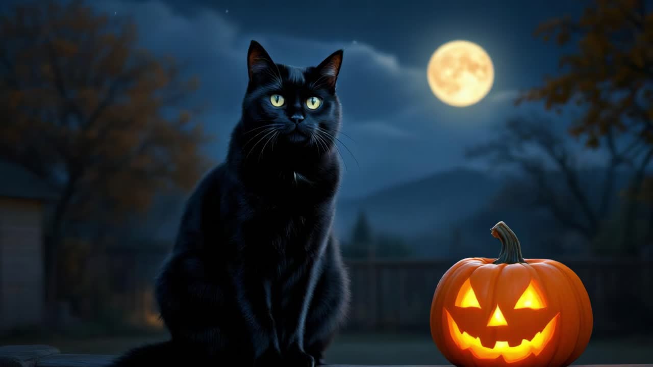 Black Cat and Glowing Jack-o'-Lantern Under a Full Moon on Halloween Night