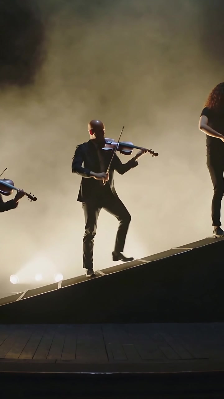 Vertical video: Reacting to cue, two violinists bowing on sloped ramp in fog for show, in jackets