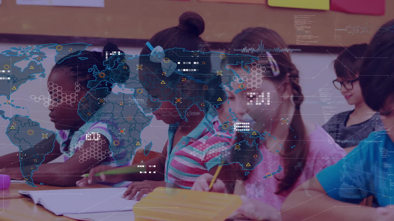 In school, children studying animation with digital world map and data overlay