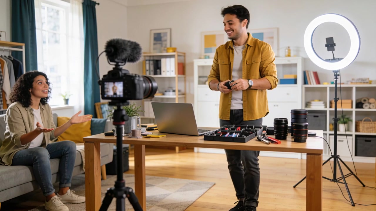 Uomo con camicia color senape che apre una cassetta degli attrezzi, ispezionando le lenti in uno studio nel soggiorno per una dimostrazione, con treppiede
