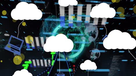 animación de iconos de nubes y procesamiento de datos sobre el globo sobre fondo negro