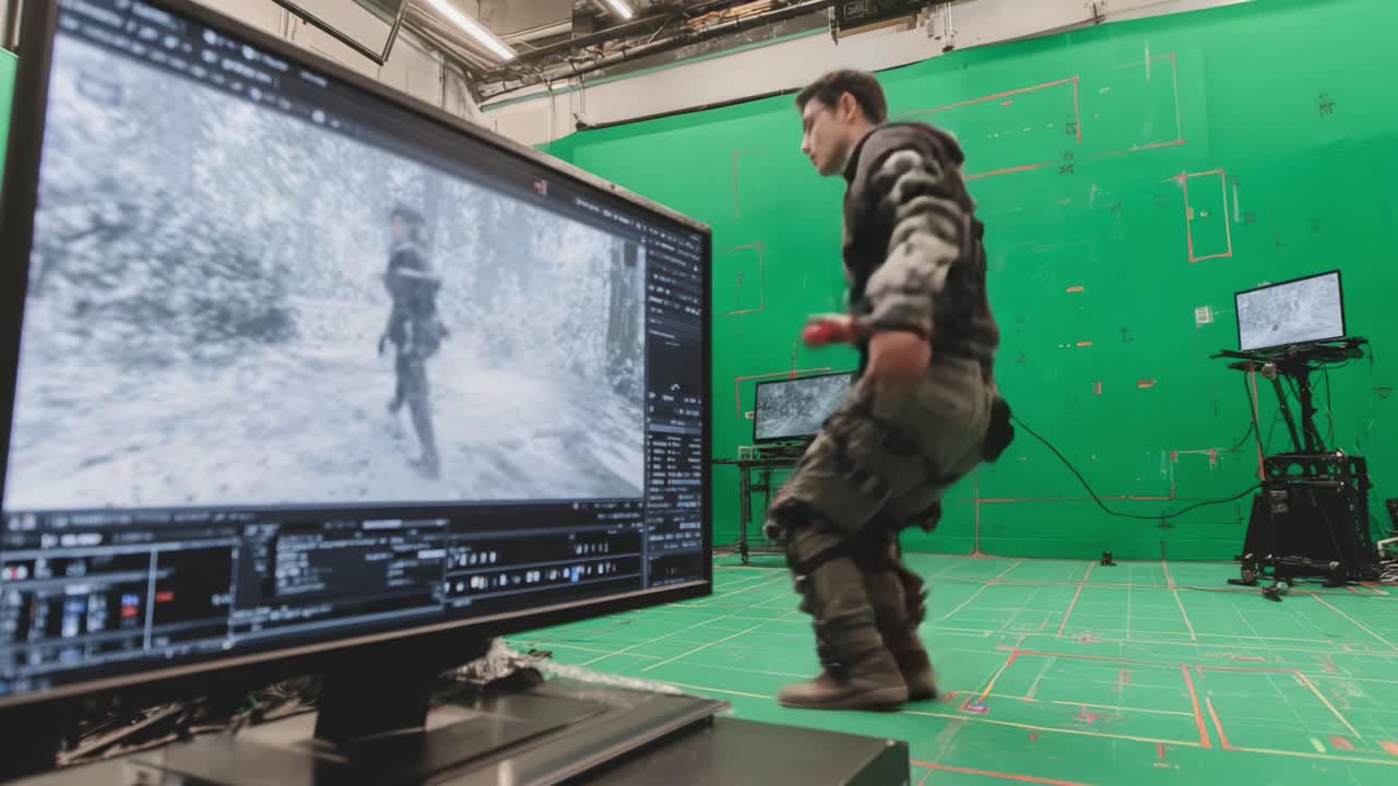 A Dynamic Action Sequence in Motion Capture Technology: An Actor Performing in Front of a Green Screen with Real-Time Visualization on Multiple Monitors, Showcasing Cutting-Edge Filmmaking Techniques