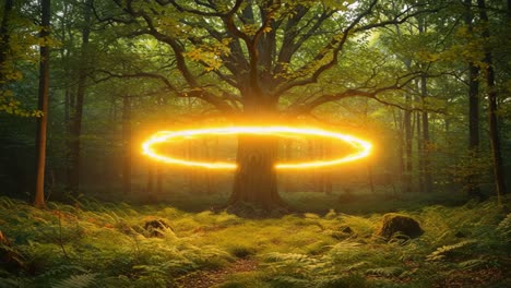 a majestic ancient tree surrounded by enigmatic light in a serene forest setting, creating a mystical atmosphere that invokes wonder and curiosity