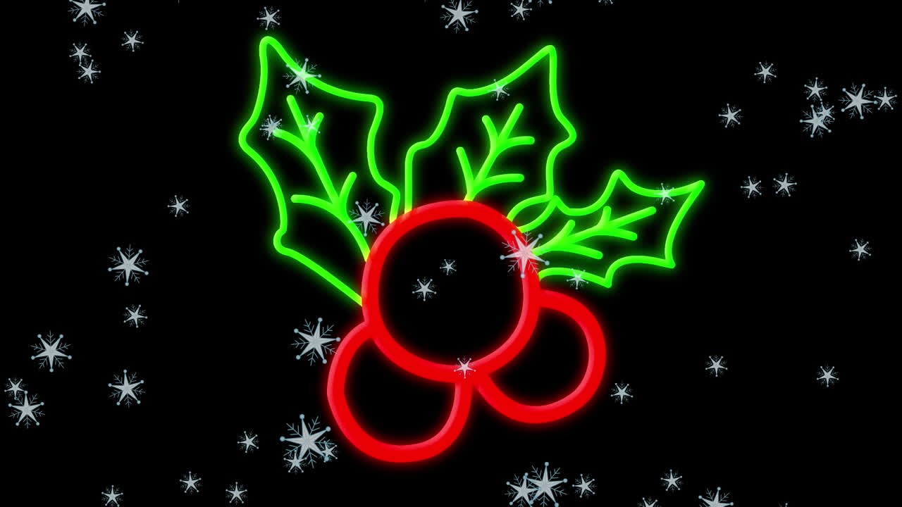 검은 바탕에 네온 크리스마스 장식 위에 내리는 눈의 애니메이션