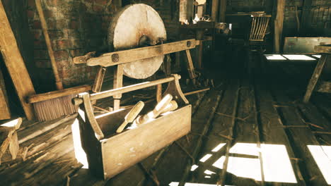 tools and equipment in a rustic workshop with natural light illuminating space