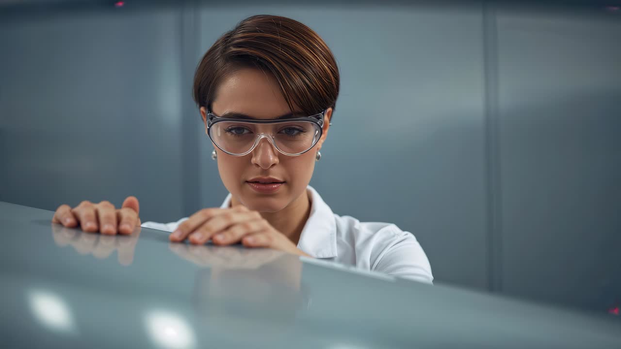 Tecnico di laboratorio appoggiato con le mani su un pannello lucido in laboratorio, mentre ispeziona indossando un camice da laboratorio bianco e occhiali protettivi
