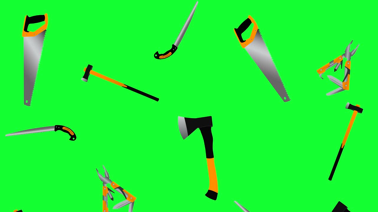 정원 도구 작업 요소 애니메이션, 녹색 화면에서 원활한 루프 크로마 키