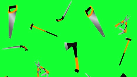 working gardening tools elements  animation, seamless loop on green screen chroma key