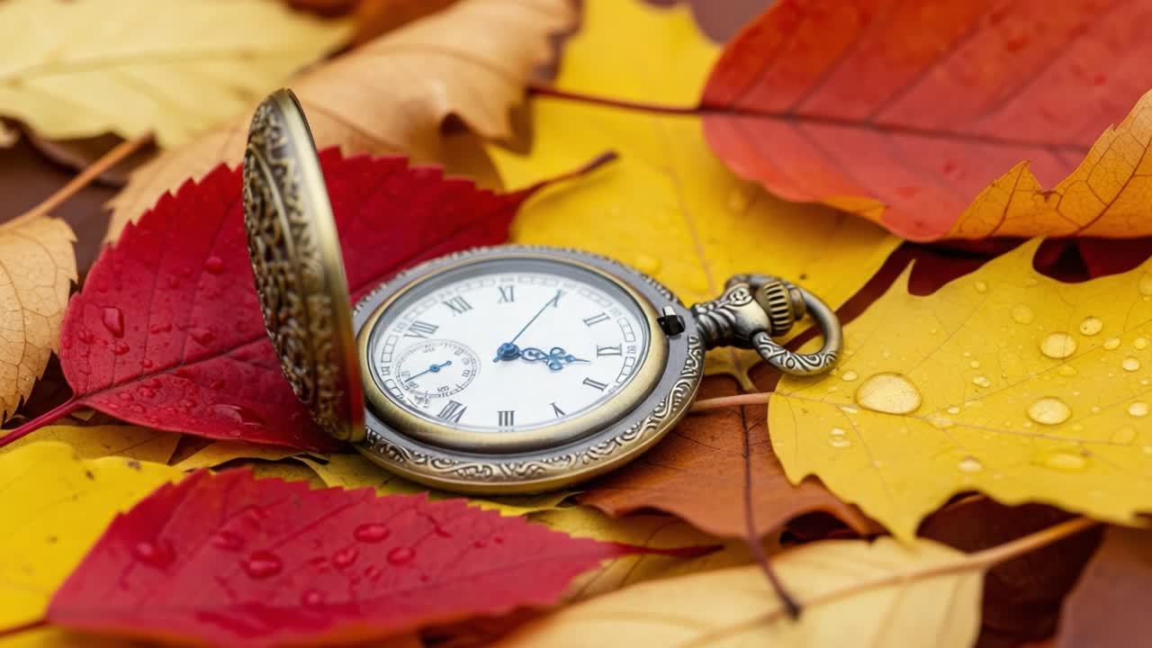 A Captivating Display of Time: A Beautiful Antique Pocket Watch Resting Elegantly Among Vibrant Autumn Leaves, Showcasing Nature's Palette and the Passage of Time