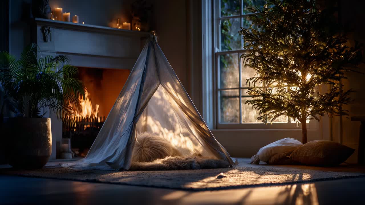 A Cozy Indoor Retreat Showcasing a Soft, Warm Teepee Surrounded by Gentle Candlelight and a Glowing Fireplace, Perfectly Framed by Natural Elements and Soft Textures for Ultimate Relaxation