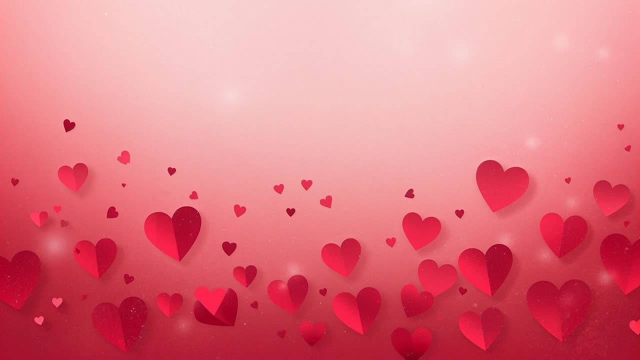 Cuori rossi e rosa fluttuanti che cambiano con sequenza partendo da un gradiente rosa-crema, con effetto bokeh