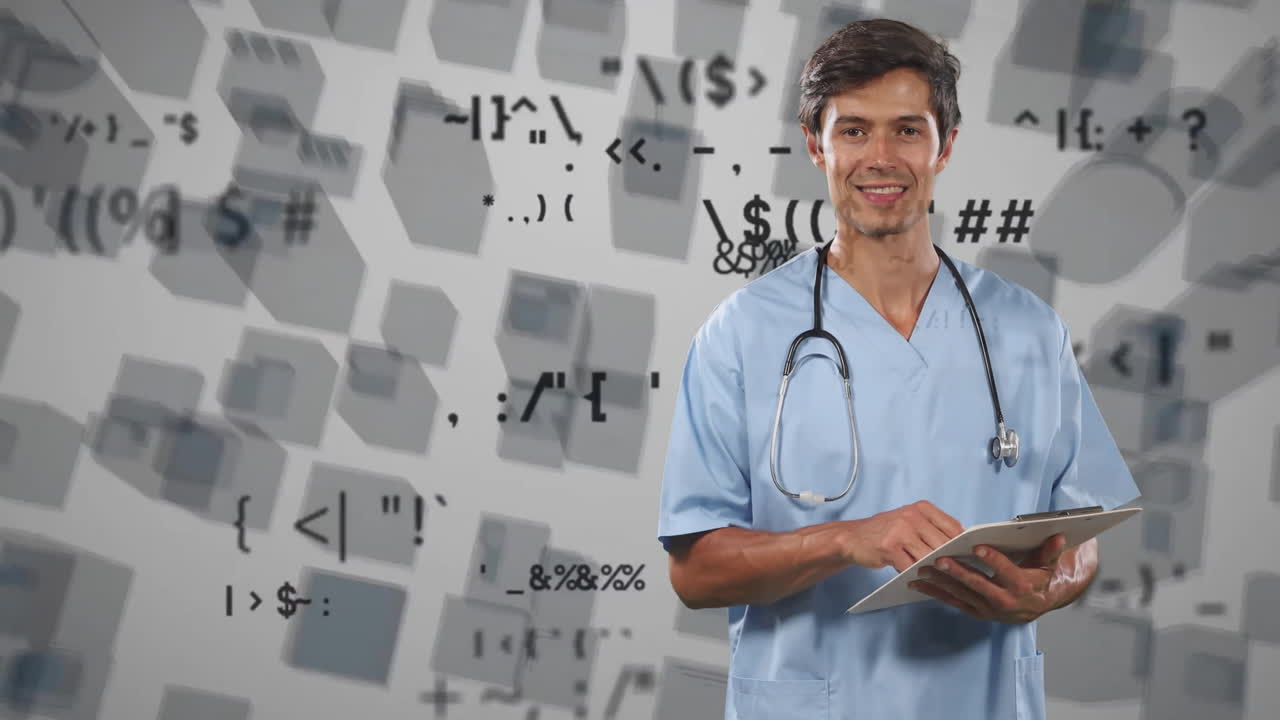 Animasi pemrosesan data keuangan di atas dokter pria Kaukasia
