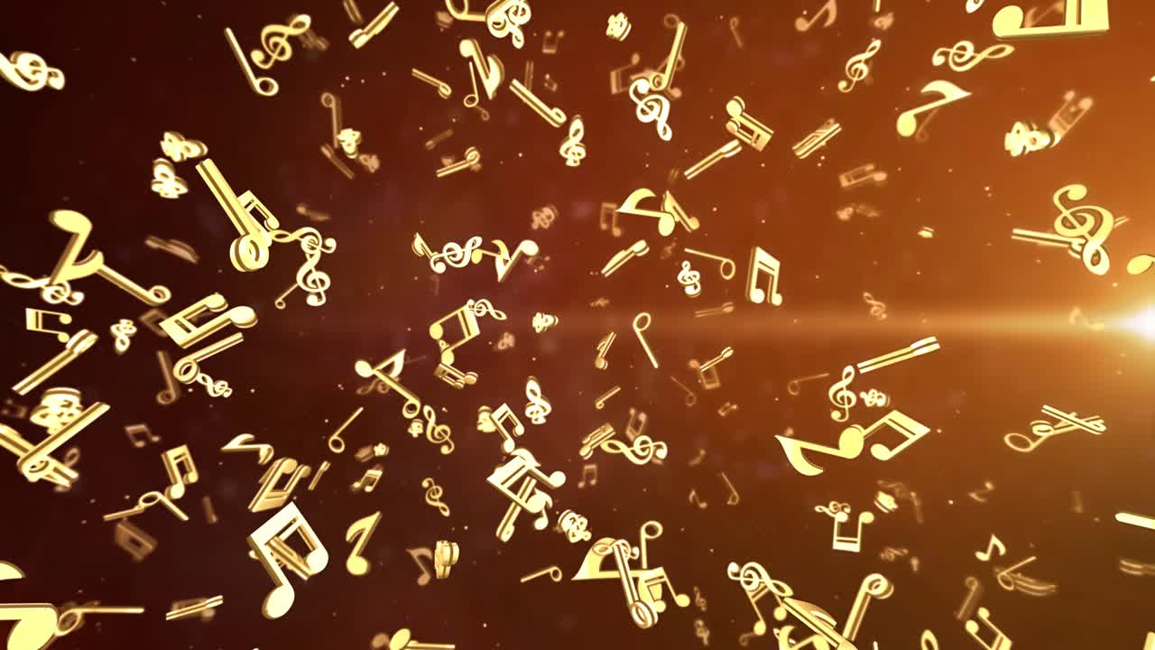 Golden musical note slying and rotating in shiny scene Loop Animation Background.