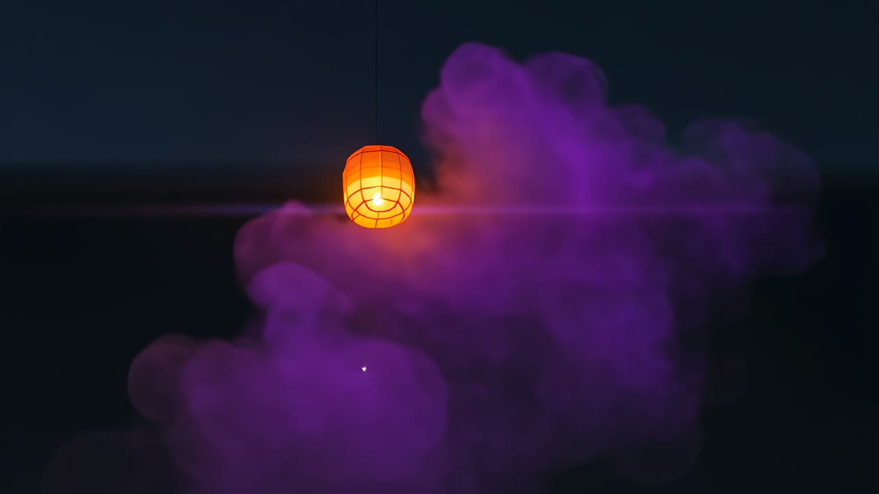 Glowing orange sky lantern releasing purple smoke from below in night sky, small bright point seen