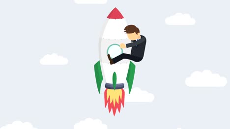 business man flying on rocket through cloud sky. leap concept. loop illustration in flat style.