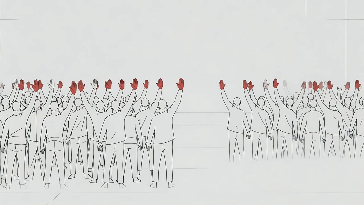 Camera pulling back revealing faceless line-drawn crowd raising red hands in hall, signaling vote