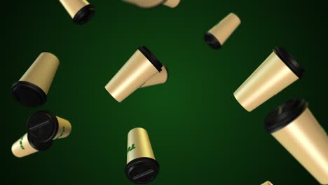 three colored tea cups background. 3d abstract render with bright light and shadows. coffee cups pattern. loopable animation. green yellow. loop