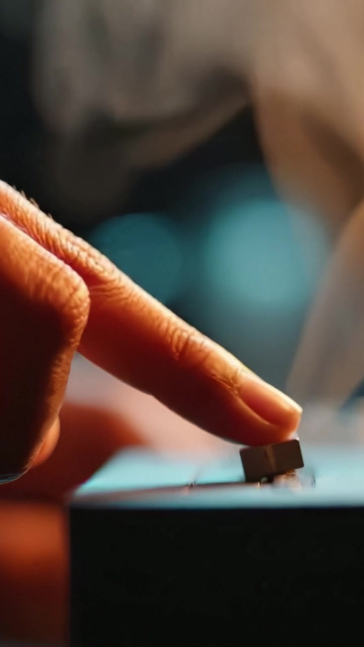 Un momento de interacción concentrado: Un dedo presiona un botón en un dispositivo en un entorno con poca luz, capturando la esencia de la tecnología y la precisión.