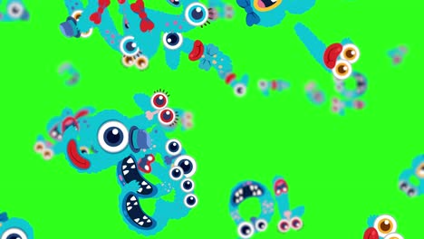 colorful blue monsters with expressive faces animate dynamically against a bright green backdrop, creating a lively and whimsical mood