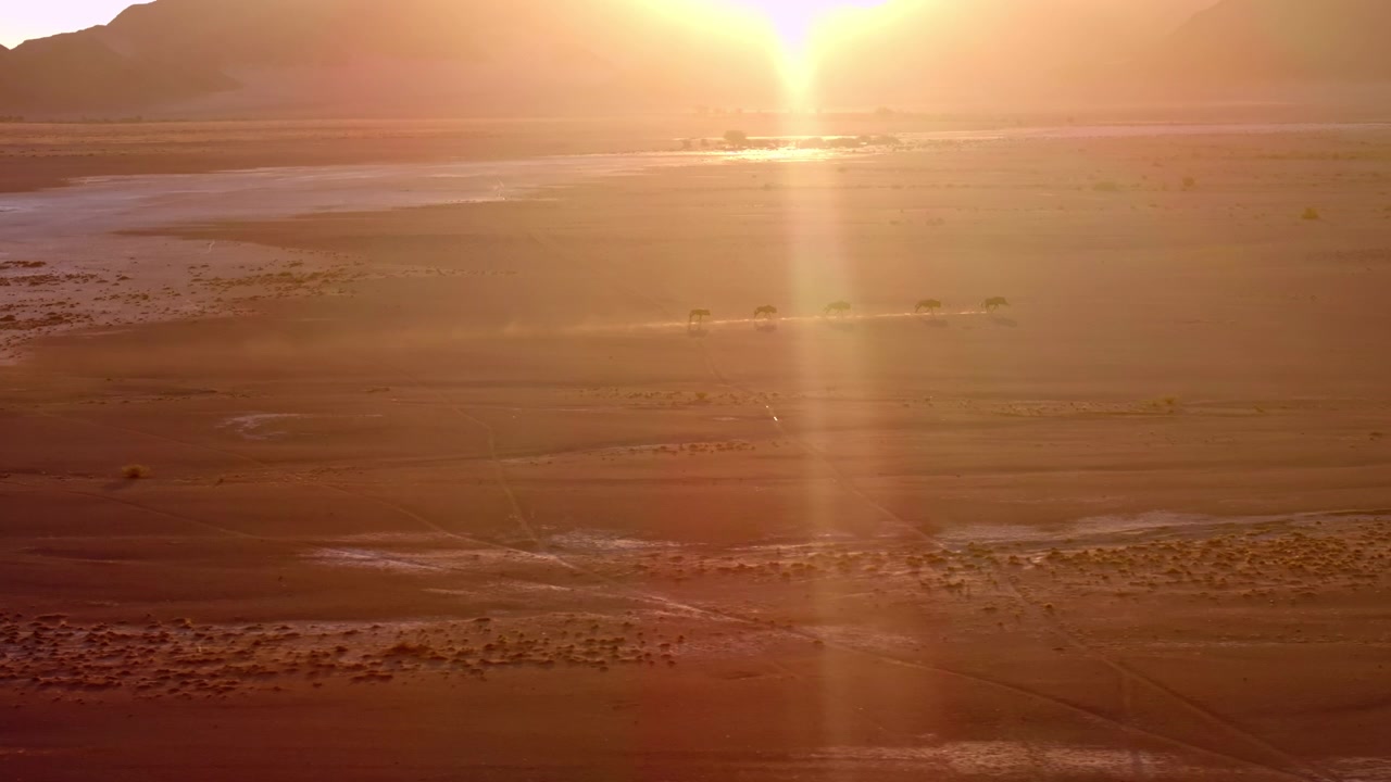 Filmisk luftfoto af et kraftigt solglimt over en ørkenslette med antiloper i det fjerne i Namib-ørkenen. Varmt lavt lys fejer hen over de vilde grussletter og fjerne bjerge i en rolig filmisk stemning