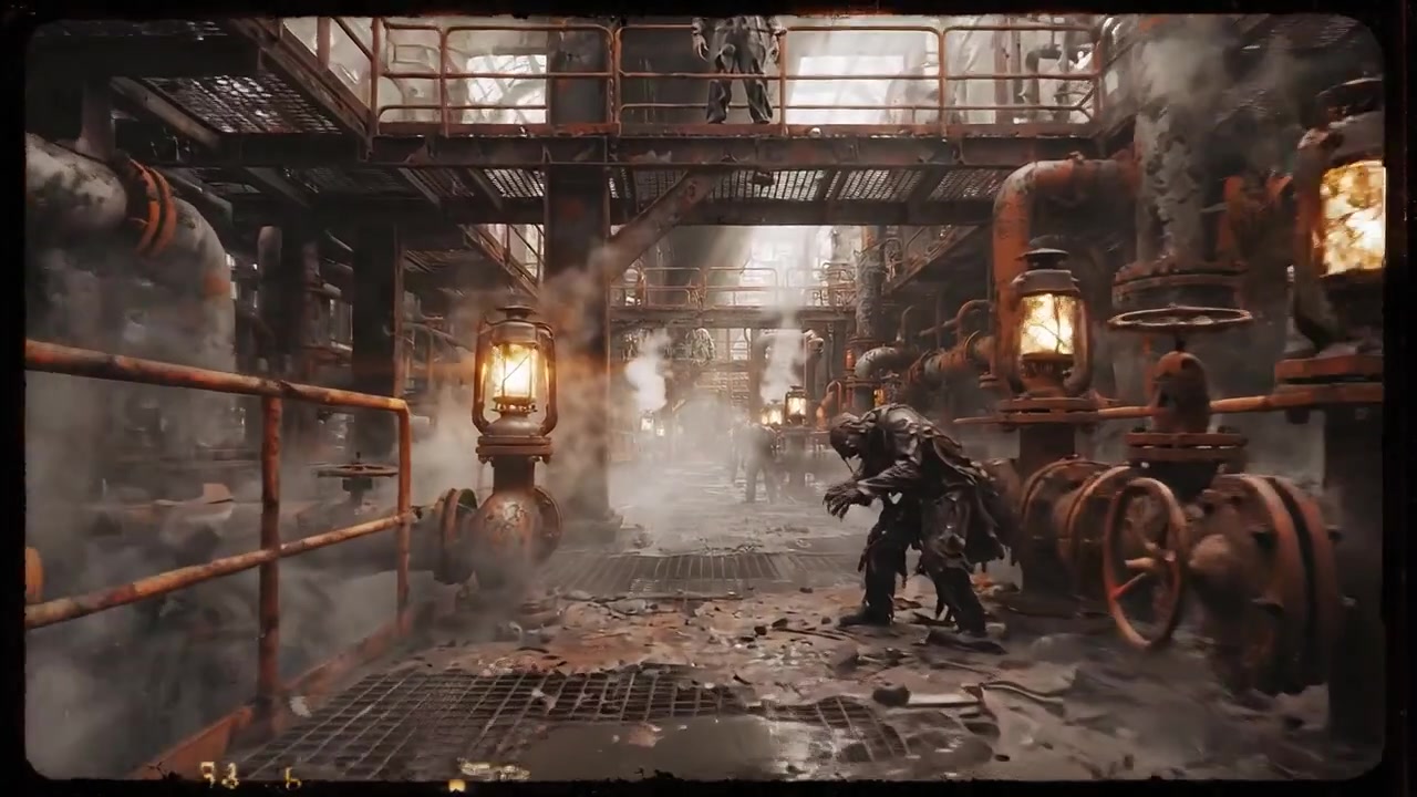 Industrial Scene with Rusty Machinery and Steam Produced by a Majestic Light in a Decaying Factory Environment with Figures Standing Amidst the Abandoned Equipment