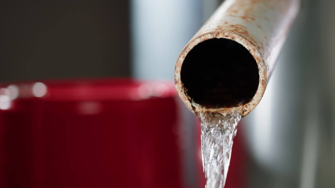 Water flowing from a rusty pipe into a bucket